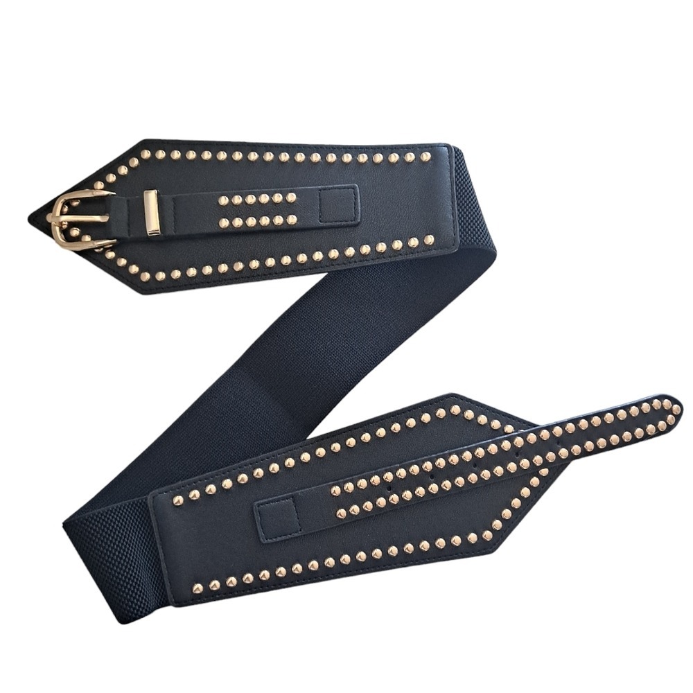 Wide black faux leather gold buckle studded Belt corset stretch punk Statement - Picture 9 of 10